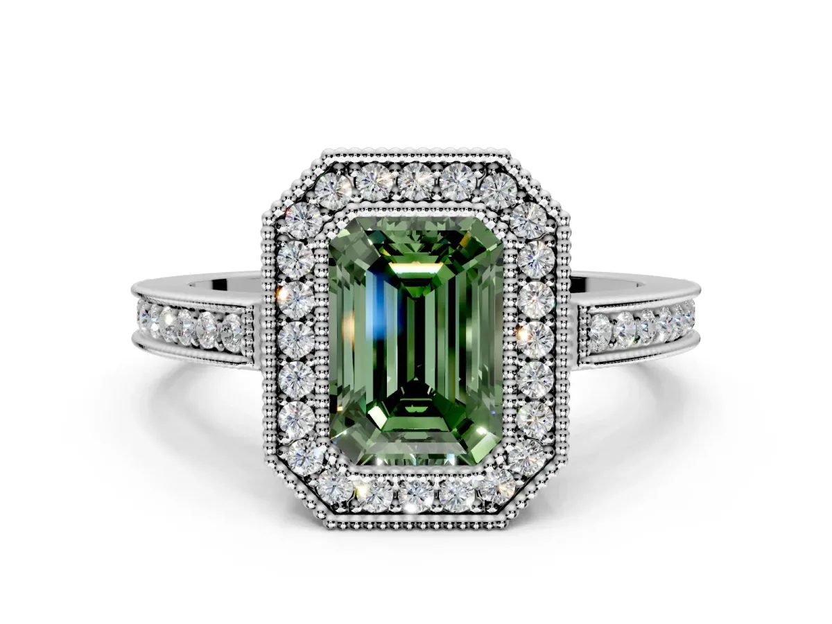 Halo Engagement Ring Setting for Fancy Green Emerald Cut Center with Milgrain Halo, Pave Band and Prong Head in Platinum