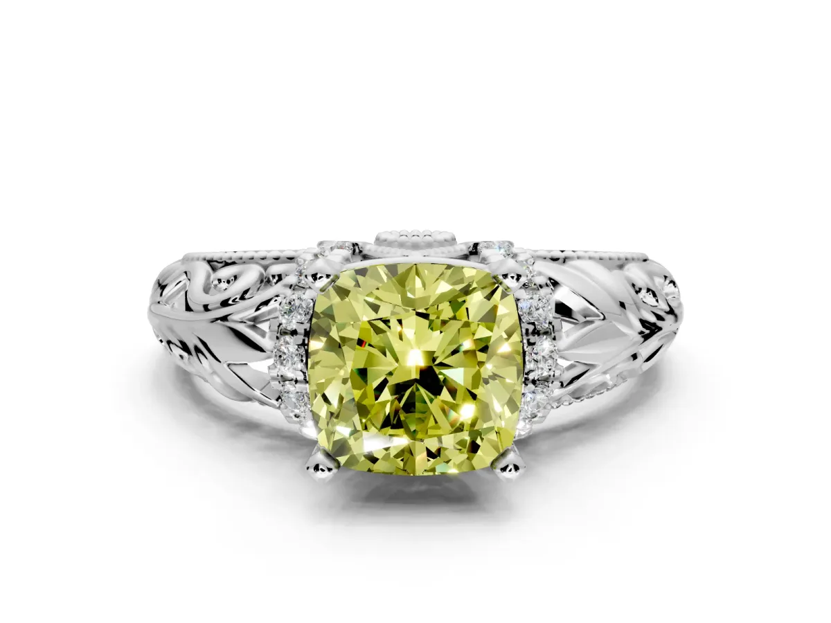 Solitaire Engagement Ring Setting for Fancy Yellow Cushion Cut Center with Filigree Accent Basket and Prong Head in White Gold