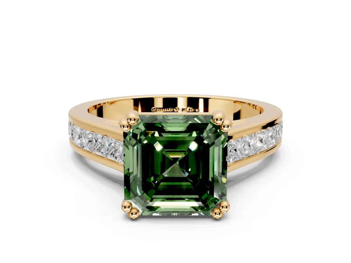 Solitaire Engagement Ring Setting for Fancy Green Asscher Cut Center with Channel Band and Double Claw Prong Head in Yellow Gold