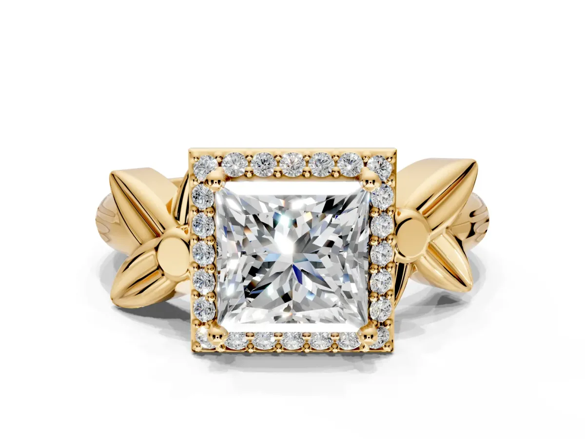Halo Engagement Ring Setting for Princess Cut Center with Floral Band and Prong Head in Yellow Gold