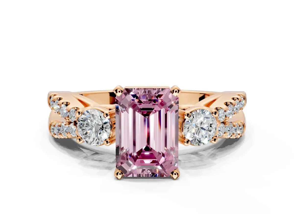 3 Stone Engagement Ring Setting for Fancy Pink Emerald Cut Center with Pave Split Shank and Prong Head in Rose Gold