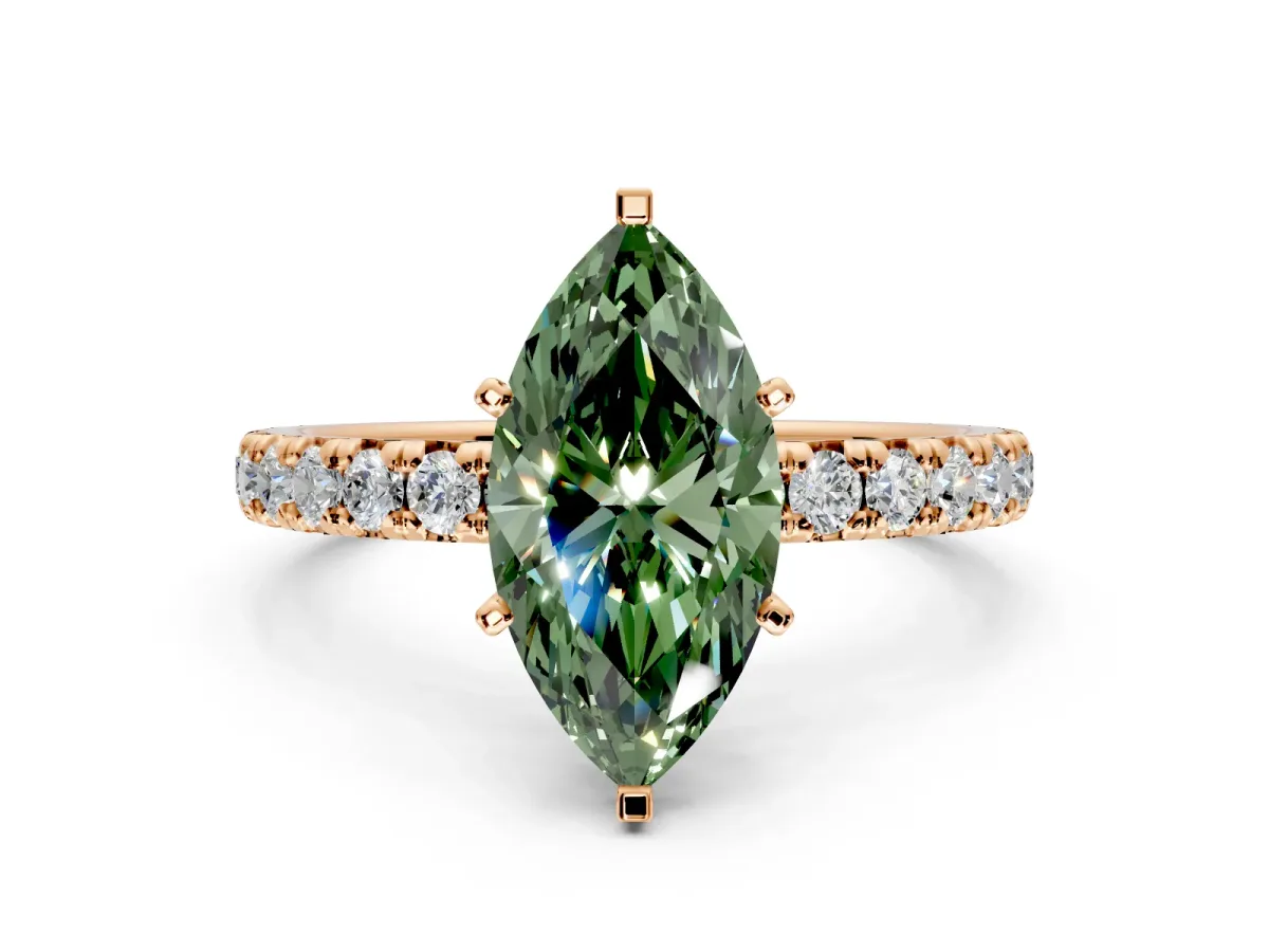 Solitaire Engagement Ring Setting for Fancy Green Marquise Center with Shared-Prong Accents and Prong Head in Rose Gold