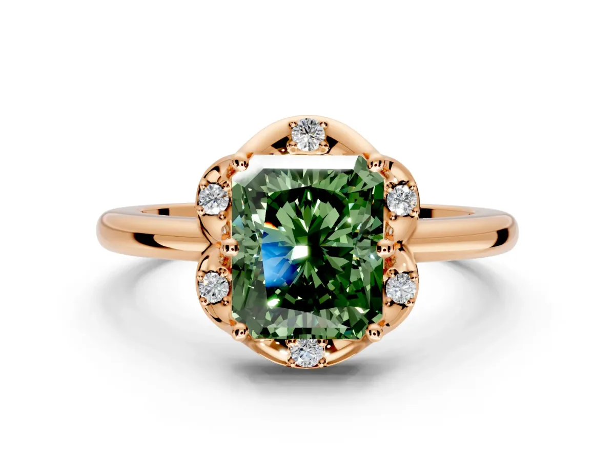 Floral Frame Engagement Ring Setting for Fancy Green Radiant Cut Center with Accent Clusters and Prong Head in Rose Gold