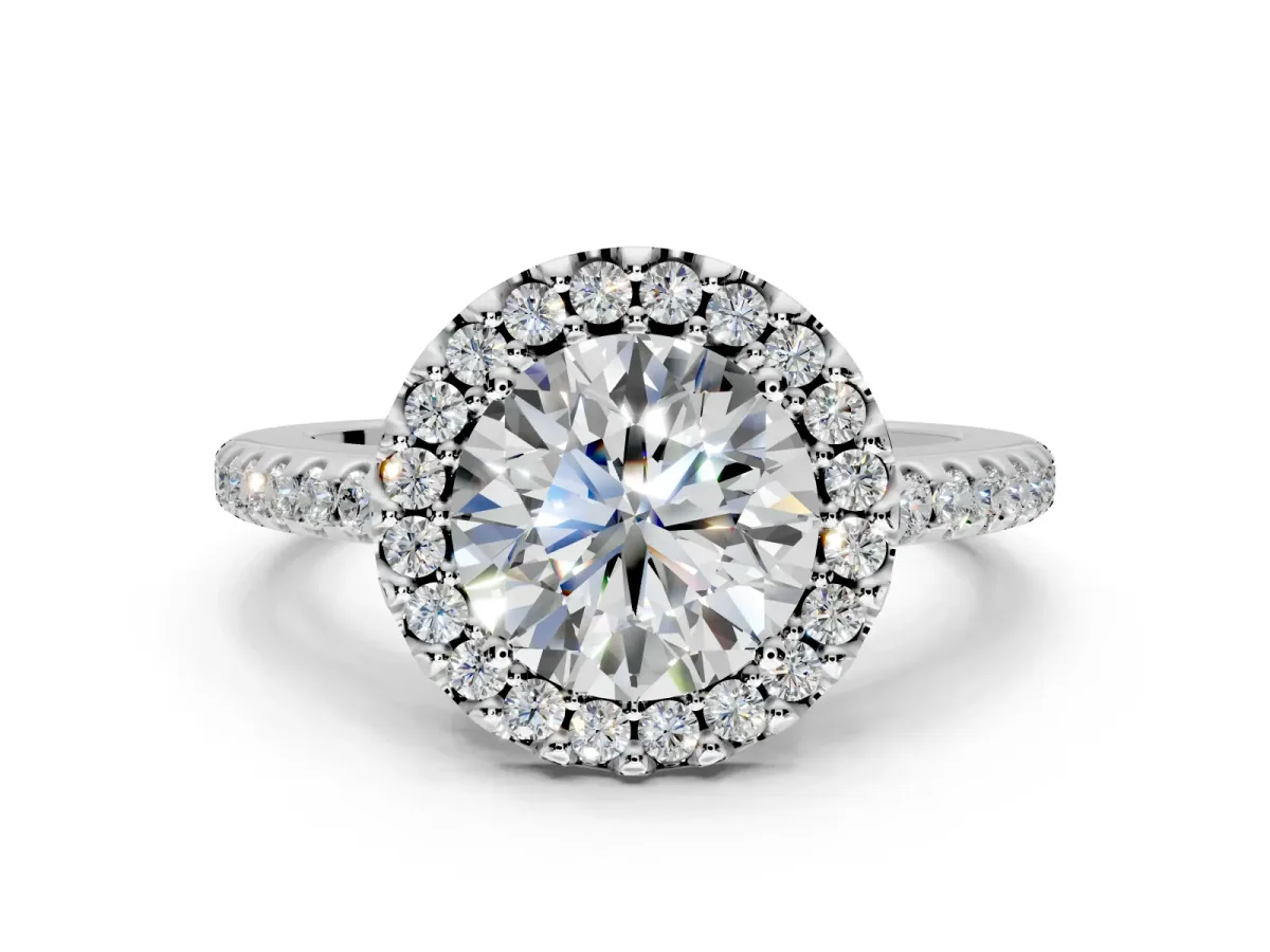 Pave Halo Engagement Ring Setting for Round Cut Center with Single Row Pave Band and Prong Head in White Gold