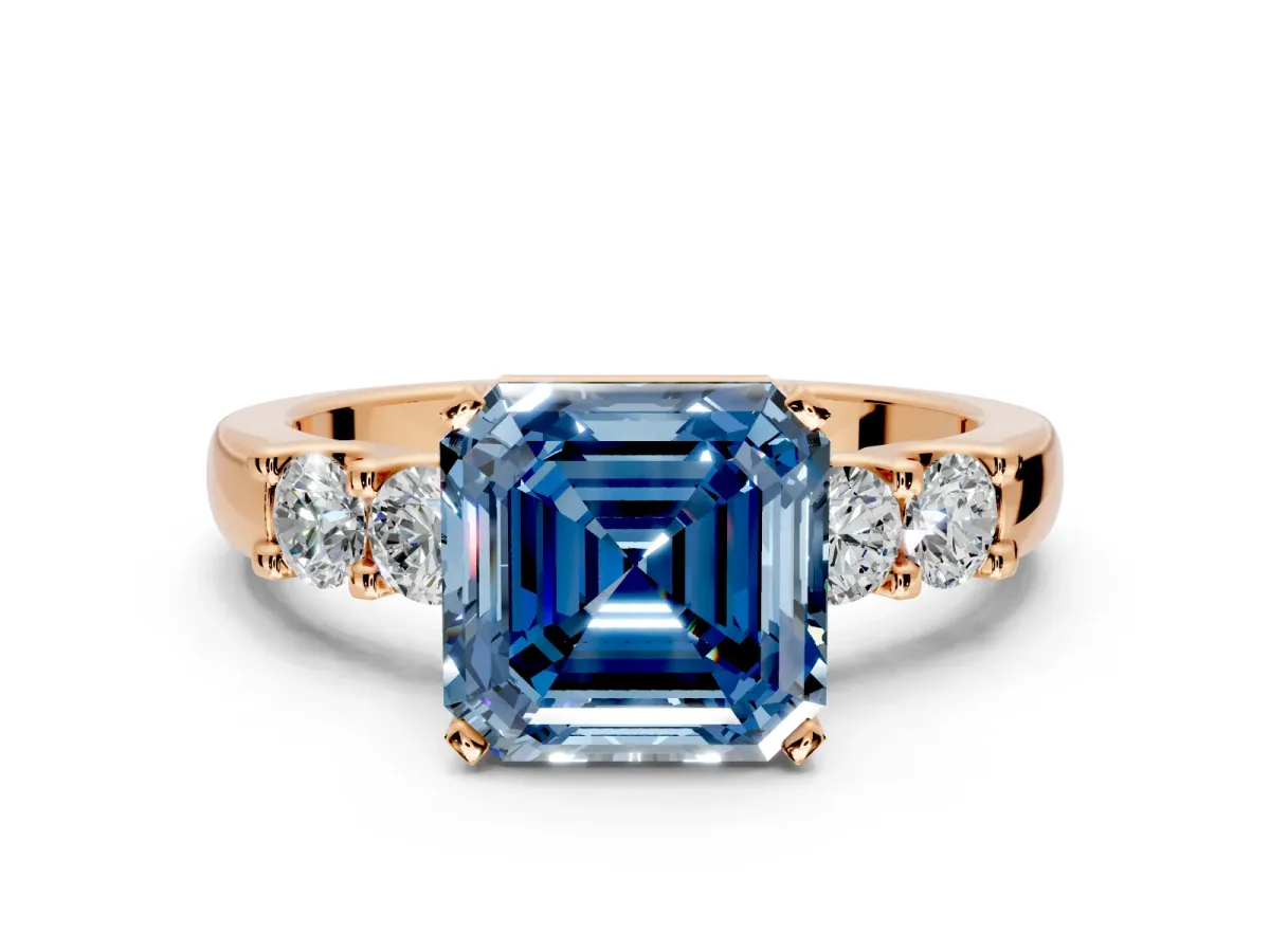 5 Stone Engagement Ring Setting for Fancy Blue Asscher Cut Center with Plain Band and Prong Head in Rose Gold