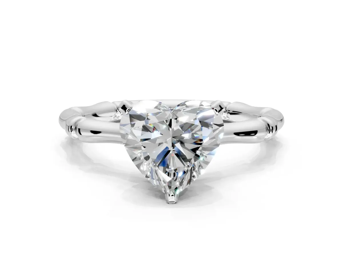 Solitaire Engagement Ring Setting for Heart-Shaped Center with Bamboo Band and Prong Head in Sterling Silver