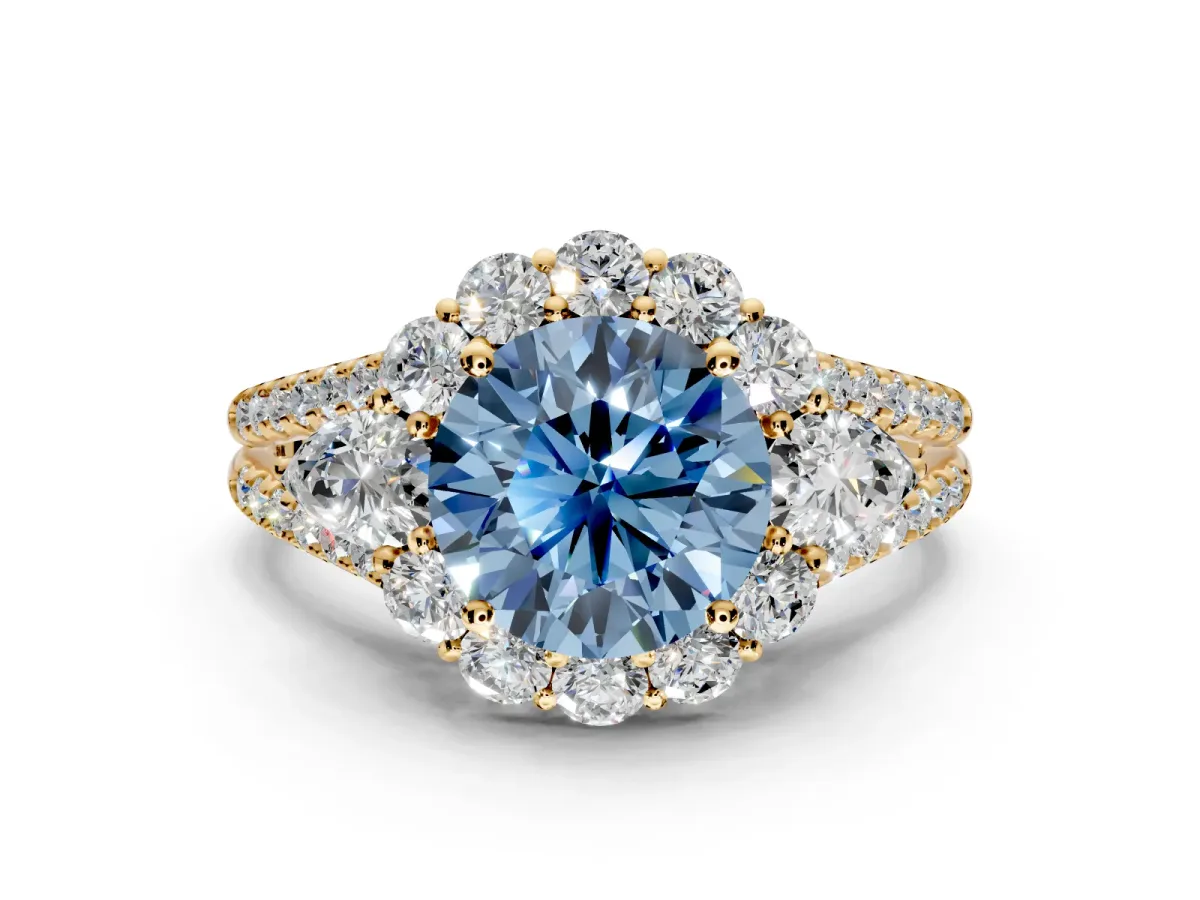 Halo Engagement Ring Setting for Fancy Blue Round Cut Center with Two-Strand Split Shank and Prong Head in Yellow Gold