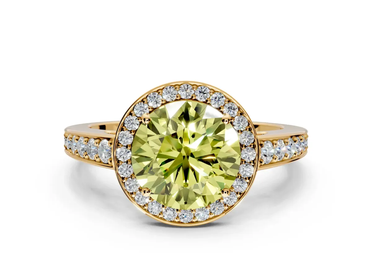 Bezel-Framed Halo Engagement Ring Setting for Fancy Yellow Round Cut Center with Pave Band and Prong Head in Yellow Gold