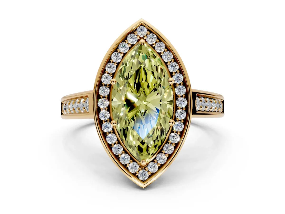 Halo Engagement Ring Setting for Fancy Yellow Marquise Center with Outer Bezel Rim, Pave Band and Prong Head in Yellow Gold