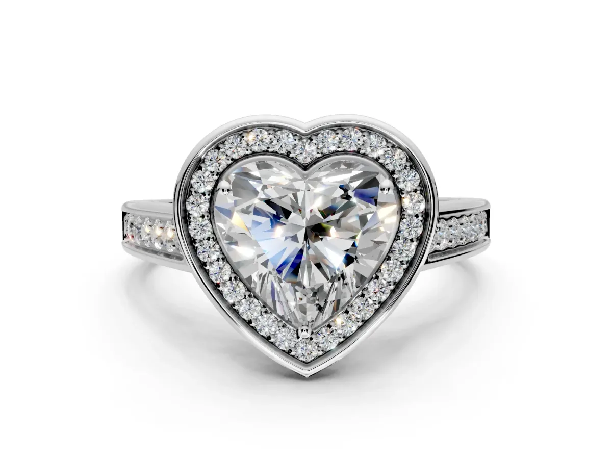 Halo Engagement Ring Setting for Heart-Shaped Center with Outer Bezel Rim, Pave Band and Prong Head in Sterling Silver