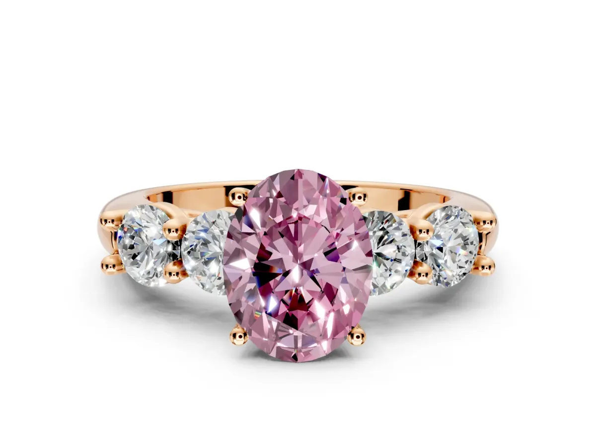 5 Stone Engagement Ring Setting for Fancy Pink Oval Center with Graduated Accents and Prong Head in Rose Gold