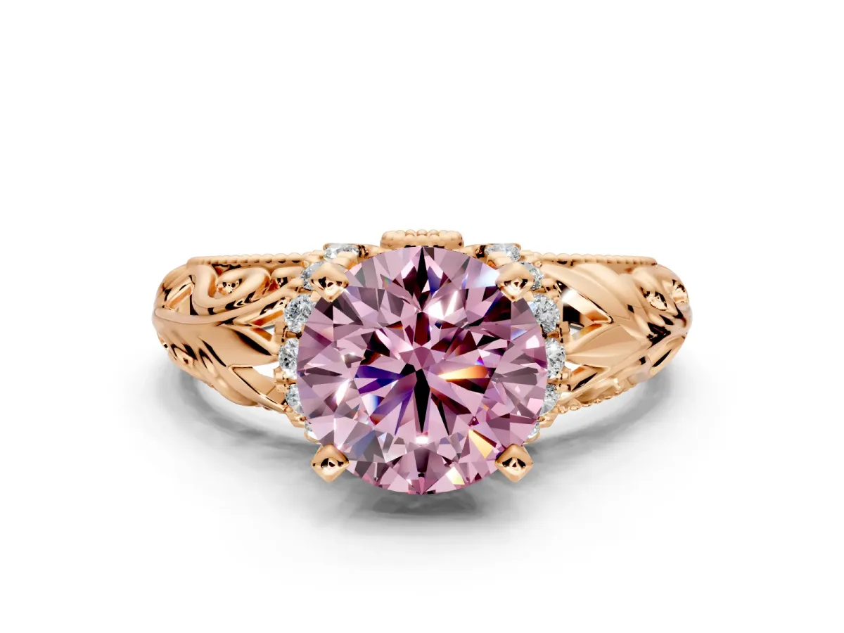 Solitaire Engagement Ring Setting for Fancy Pink Round Cut Center with Filigree Accent Basket and Prong Head in Rose Gold
