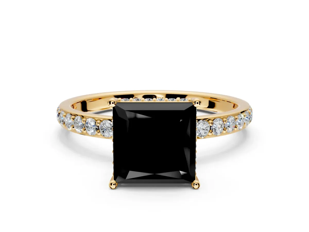 Hidden Halo Engagement Ring Setting for Fancy Black Princess Cut Center with Pave Band and Prong Head in Yellow Gold