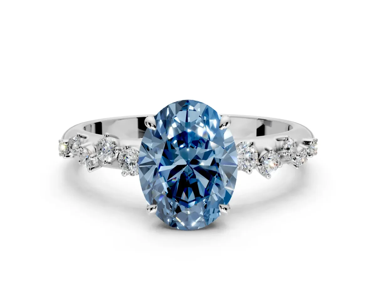 Cluster Engagement Ring Setting for Fancy Blue Oval Center with Round Cut Accent Band and Prong Head in Sterling Silver