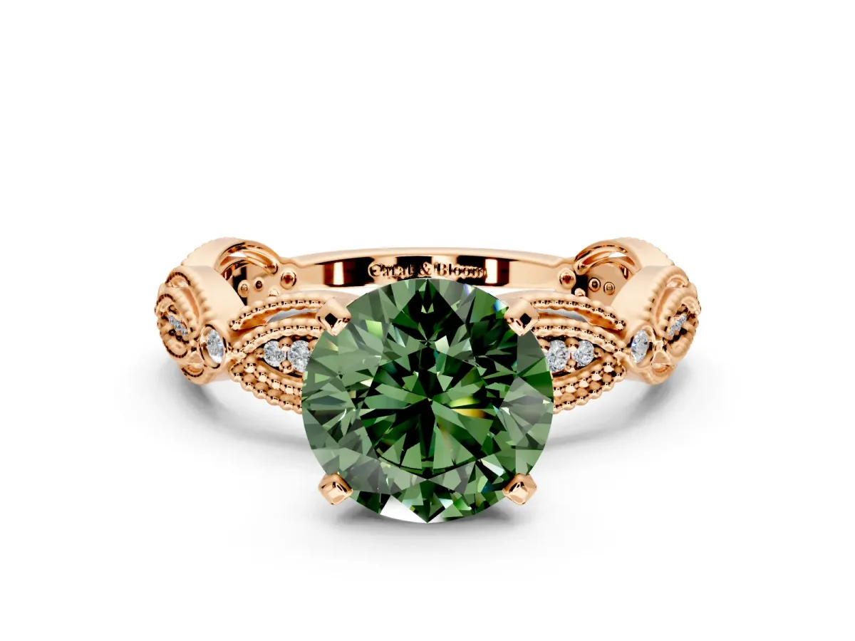 Solitaire Engagement Ring Setting for Fancy Green Round Cut Center with Marquise Panel Band and Prong Head in Rose Gold