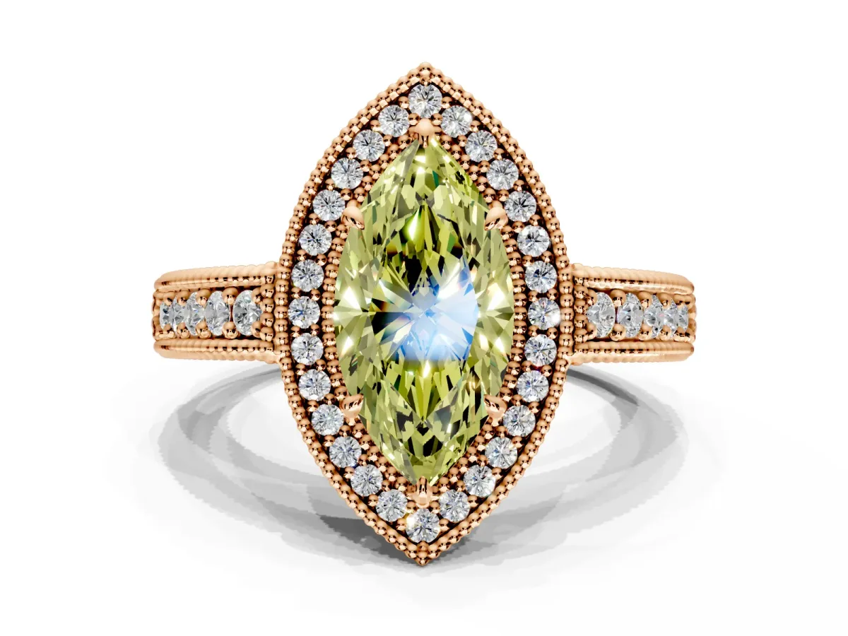 Milgrain Halo Engagement Ring Setting for Fancy Yellow Marquise Center with Pave Band and Prong Head in Rose Gold