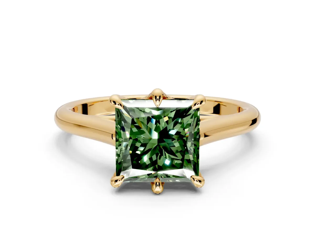 Solitaire Engagement Ring Setting for Fancy Green Princess Cut Center with Cathedral Band and Prong Head in Yellow Gold