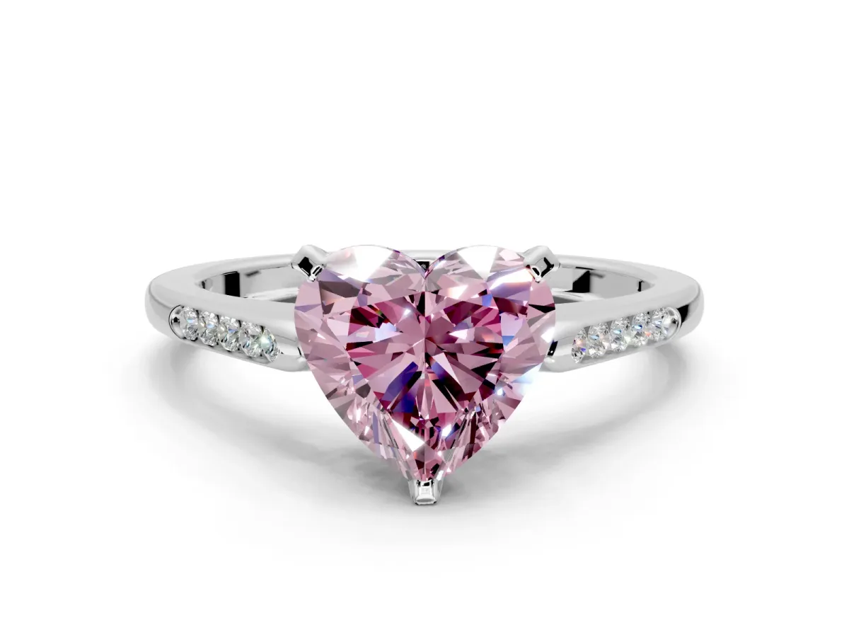 Solitaire Engagement Ring Setting for Fancy Pink Heart-Shaped Center with Channel Accents and Prong Head in White Gold