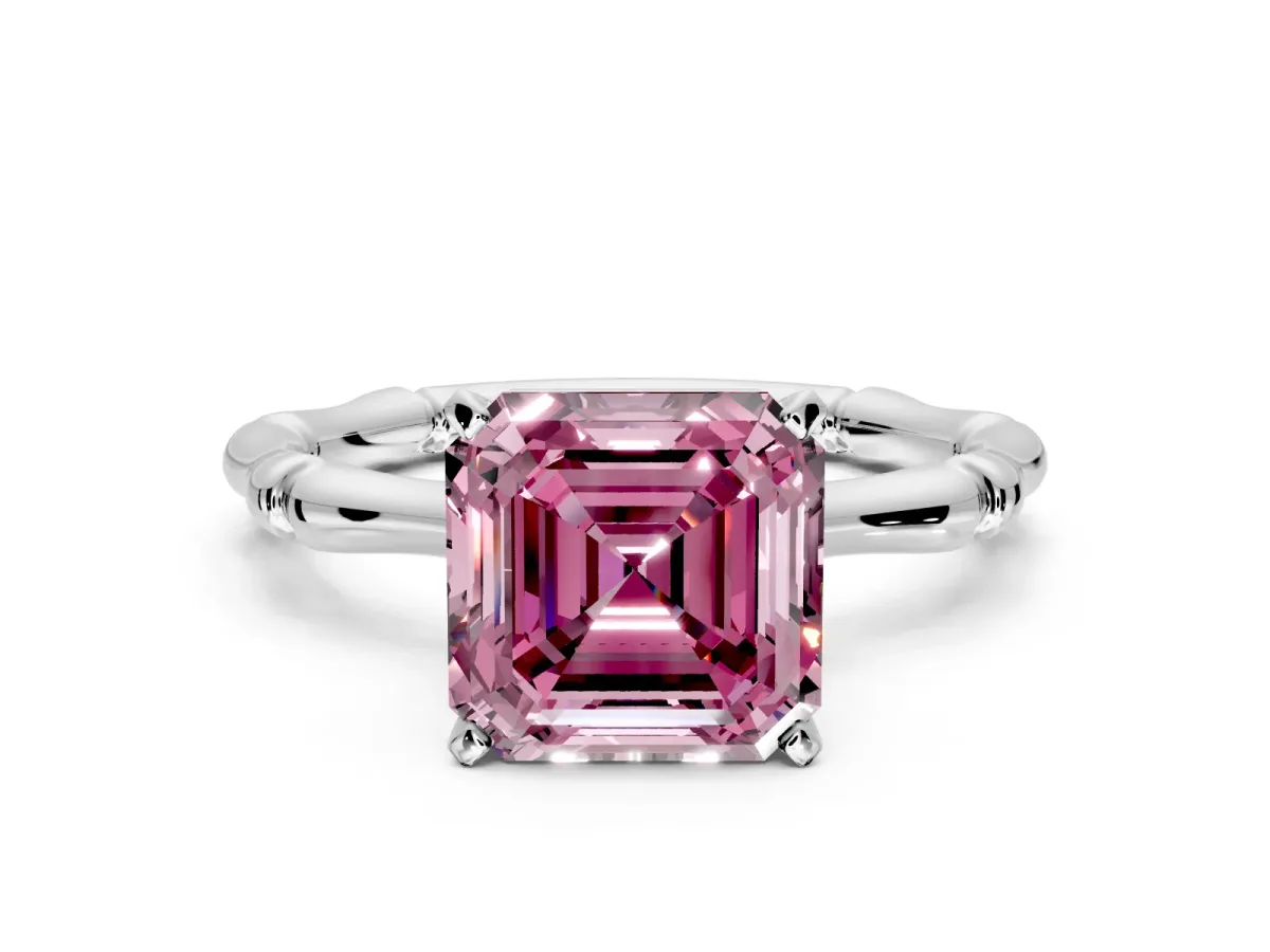 Solitaire Engagement Ring Setting for Fancy Pink Asscher Cut Center with Bamboo Band and Prong Head in White Gold