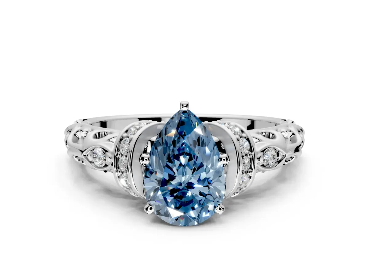 Solitaire Engagement Ring Setting for Fancy Blue Pear-Shaped Center with Filigree Band and Prong Head in Platinum