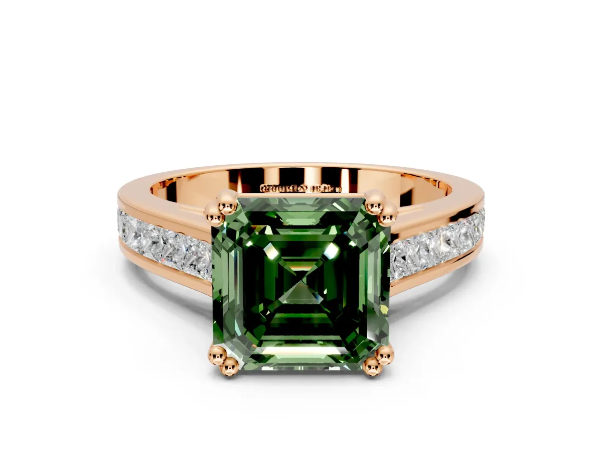 Solitaire Engagement Ring Setting for Fancy Green Asscher Cut Center with Channel Band and Double Claw Prong Head in Rose Gold