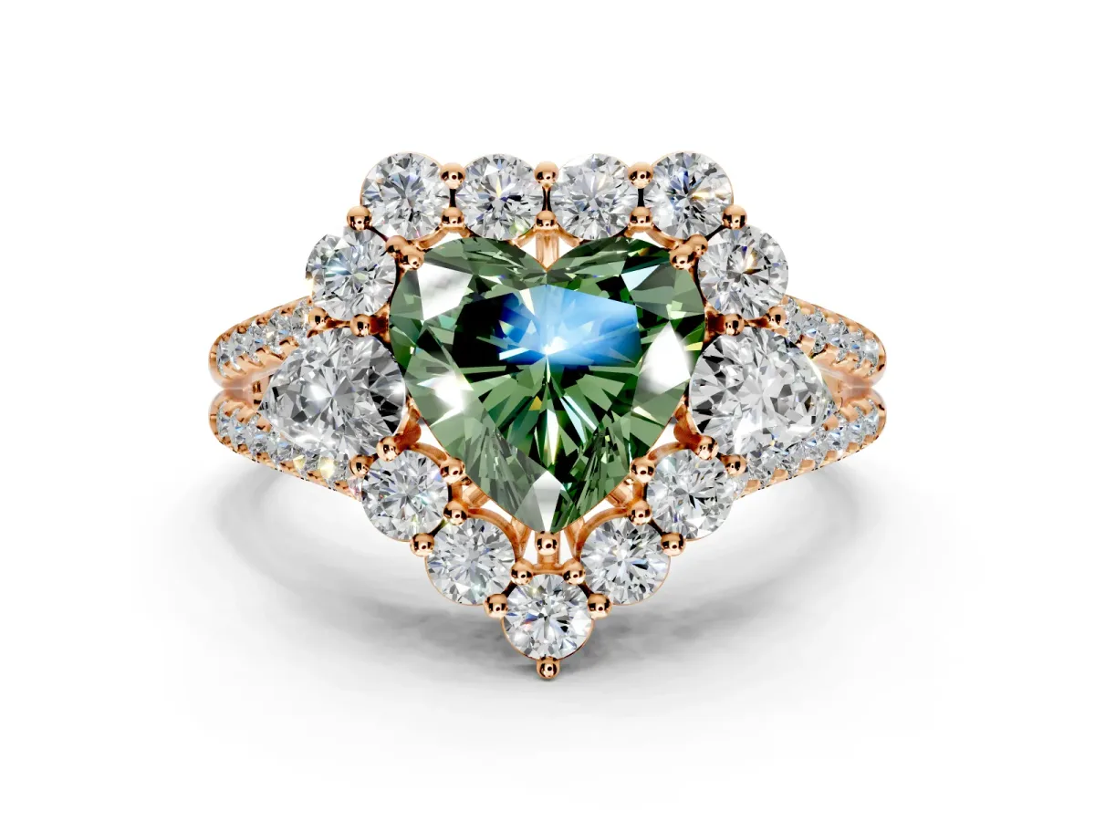Halo Engagement Ring Setting for Fancy Green Heart-Shaped Center with Two-Strand Split Shank and Prong Head in Rose Gold