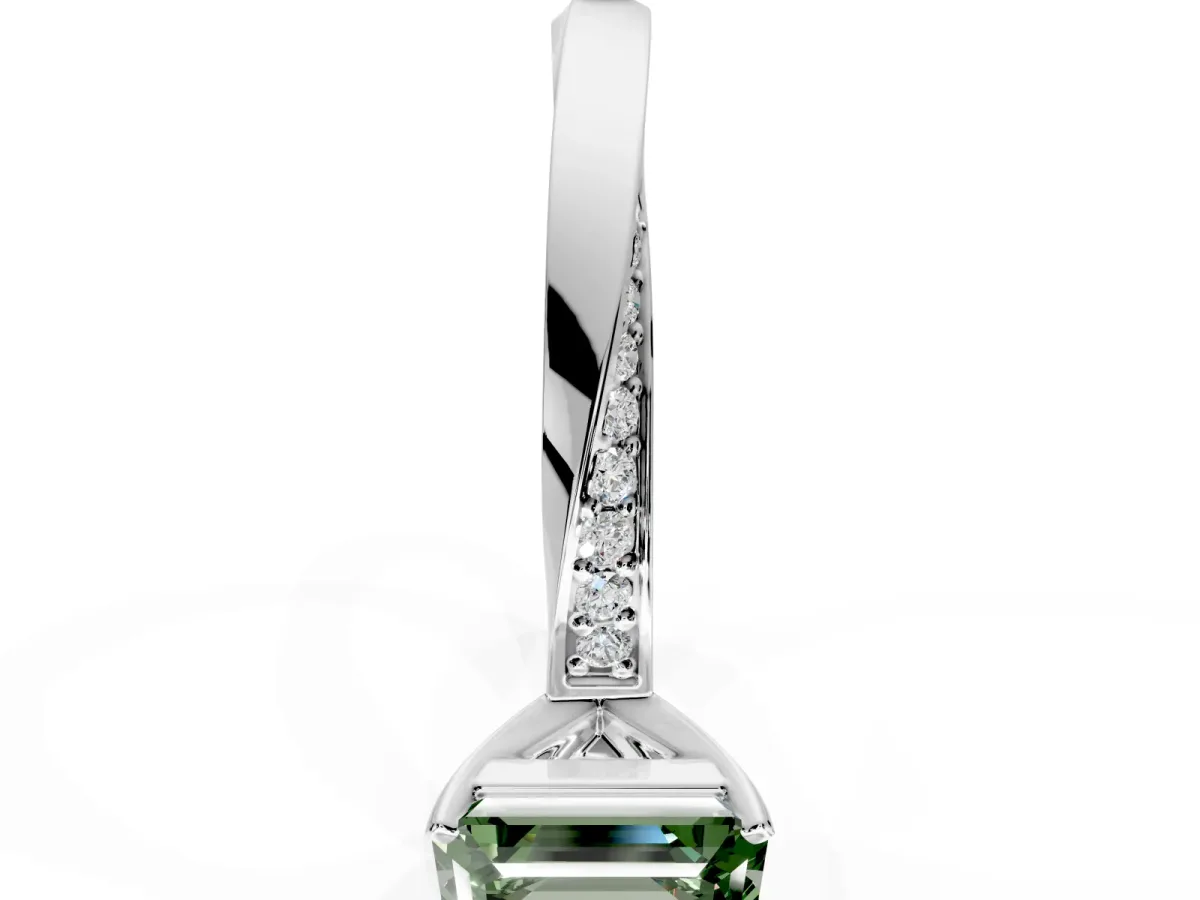 Side Accent Engagement Ring Setting for Fancy Green Emerald Cut Center with Accent Shoulders and Prong Head in White Gold