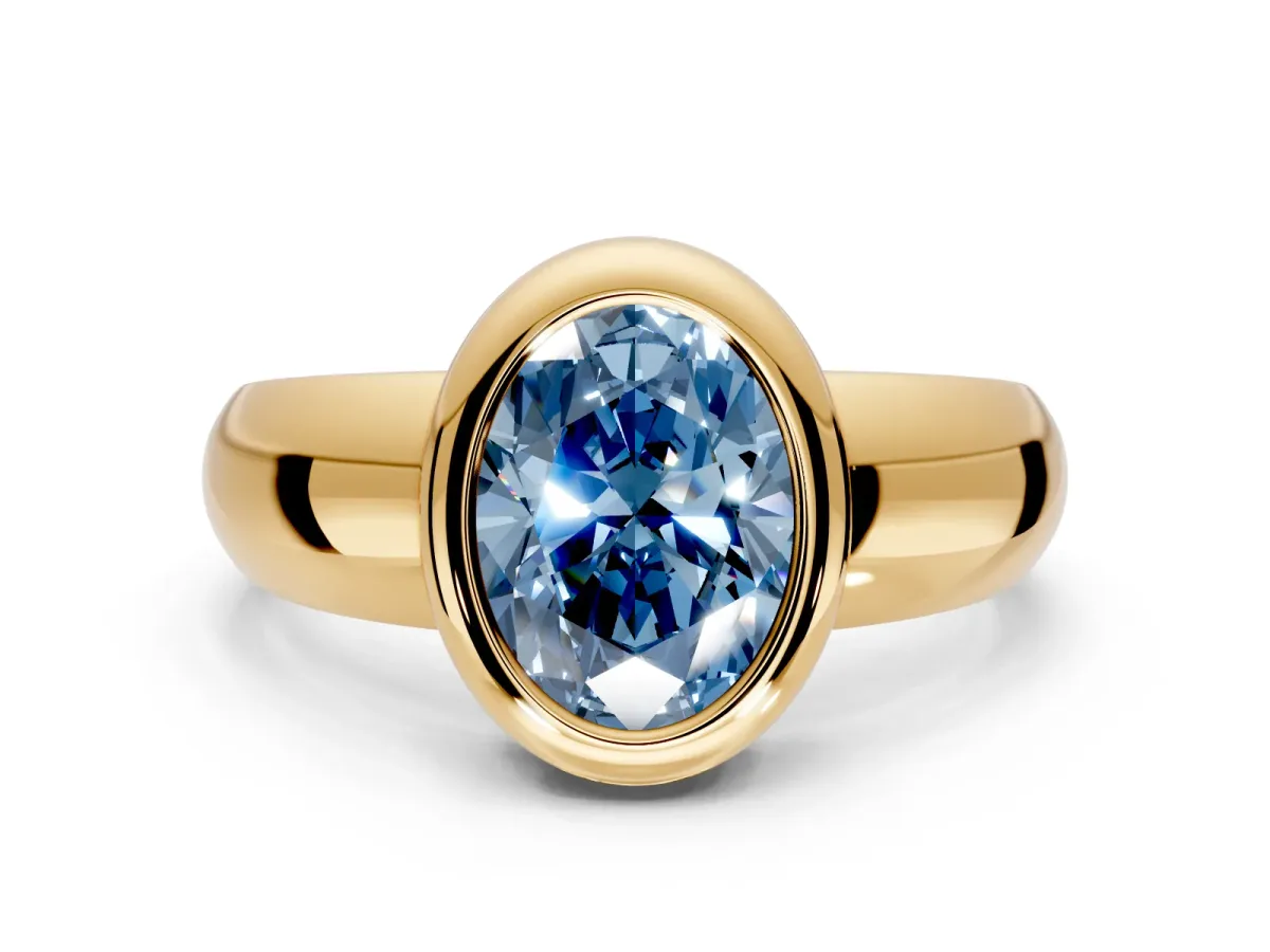 Solitaire Engagement Ring Setting for Fancy Blue Oval Center with Wide Band and Bezel Head in Yellow Gold