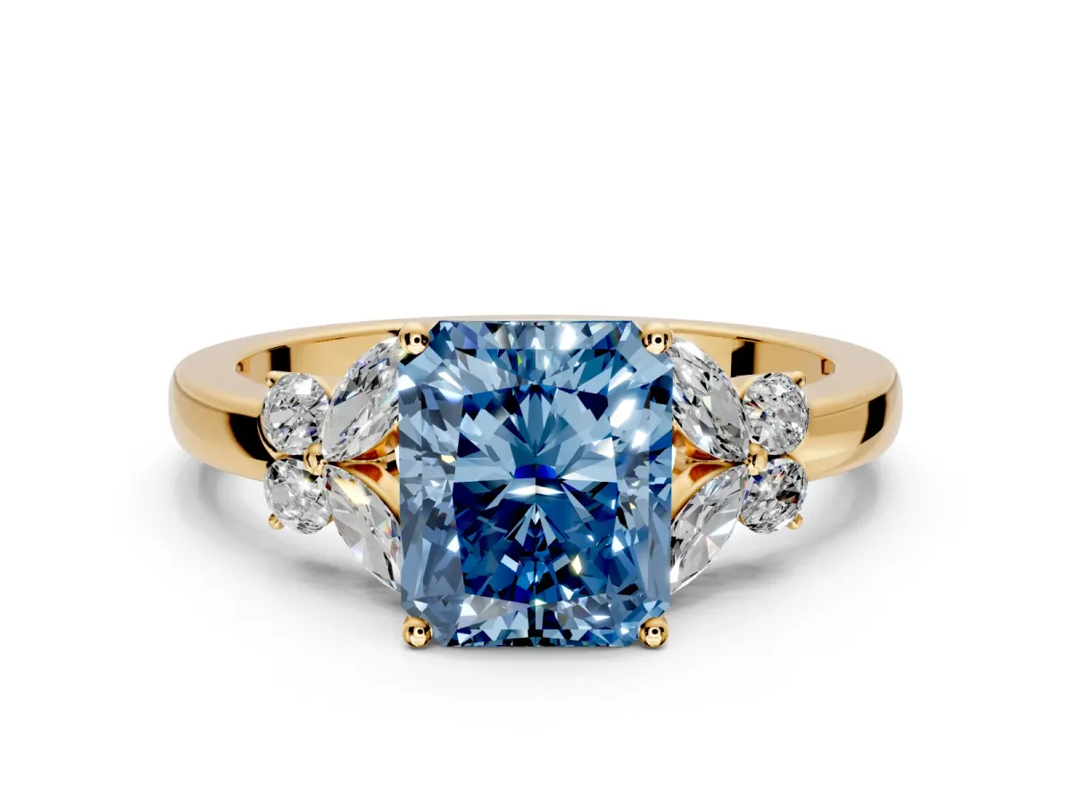 Solitaire Engagement Ring Setting for Fancy Blue Radiant Cut Center with Marquise Flower Shoulders and Prong Head in Yellow Gold