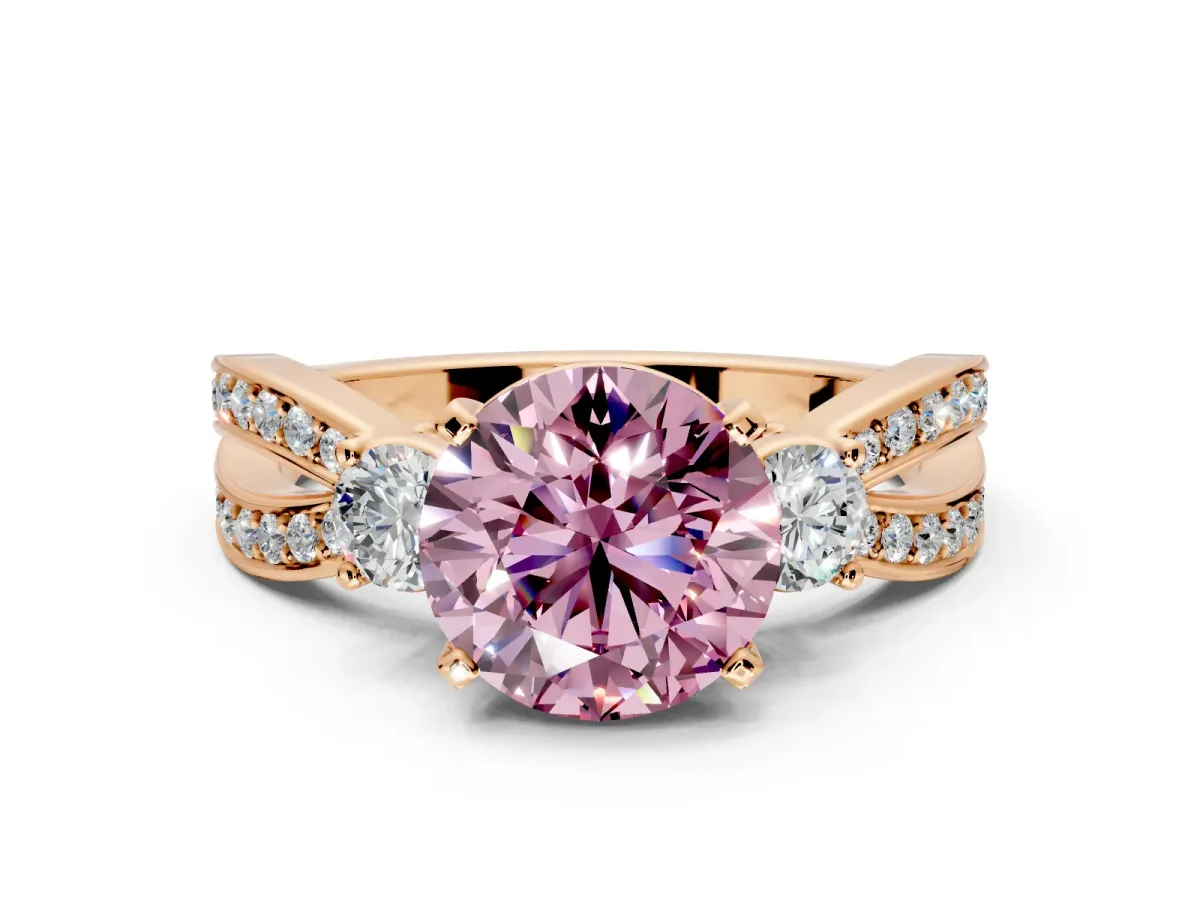 3 Stone Engagement Ring Setting for Fancy Pink Round Cut Center with Pave Twist Band and Prong Head in Rose Gold