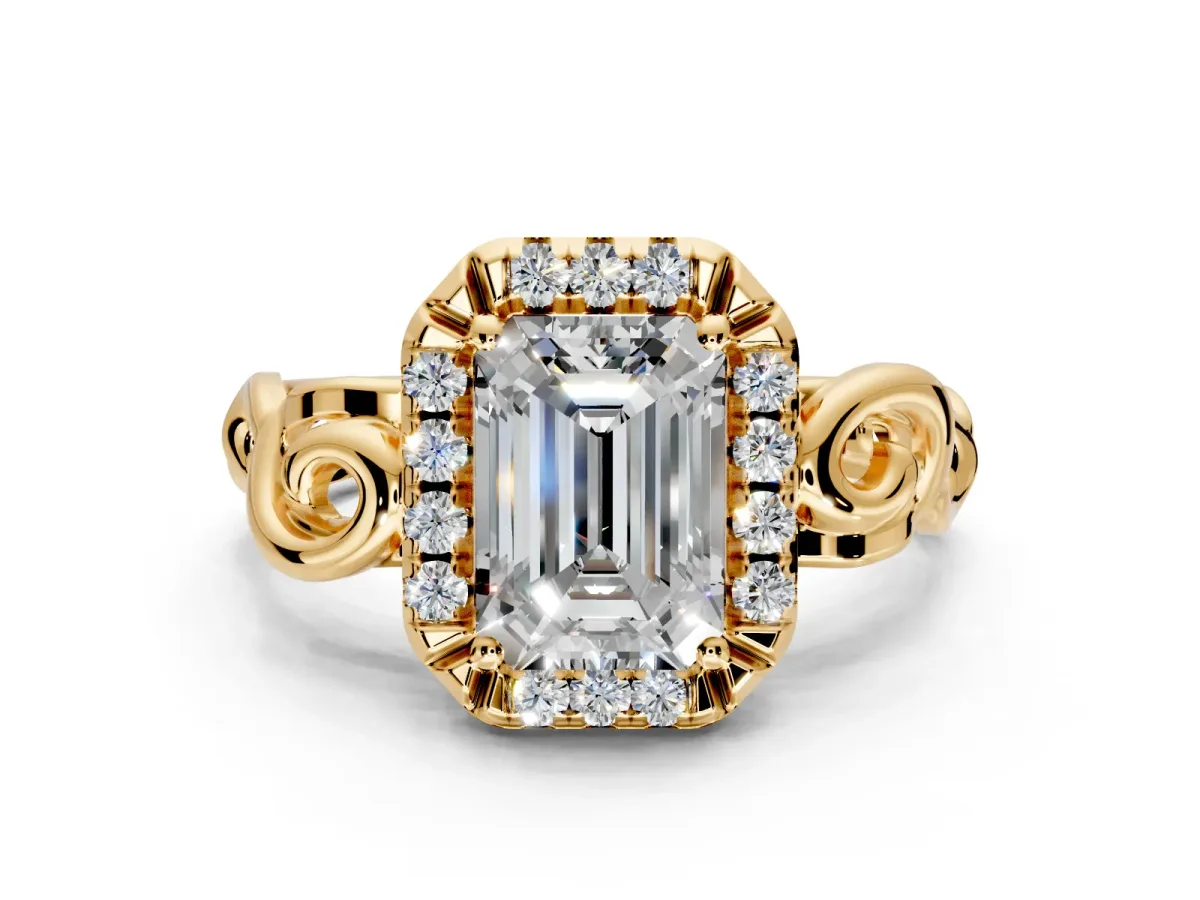 Halo Engagement Ring Setting for Emerald Cut Center with Open Scroll Shoulders and Prong Head in Yellow Gold