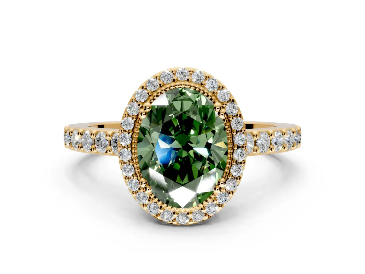 Halo Engagement Ring Setting for Fancy Green Oval Center with Inner Milgrain Border and Prong Head in Yellow Gold