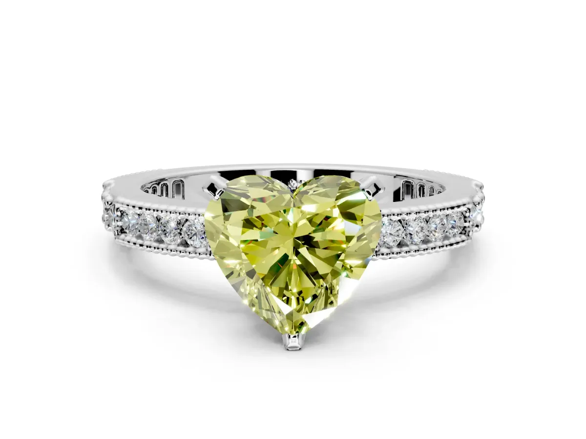 Solitaire Engagement Ring Setting for Fancy Yellow Heart-Shaped Center with Milgrain-Edged Pave Band and Prong Head in Sterling Silver