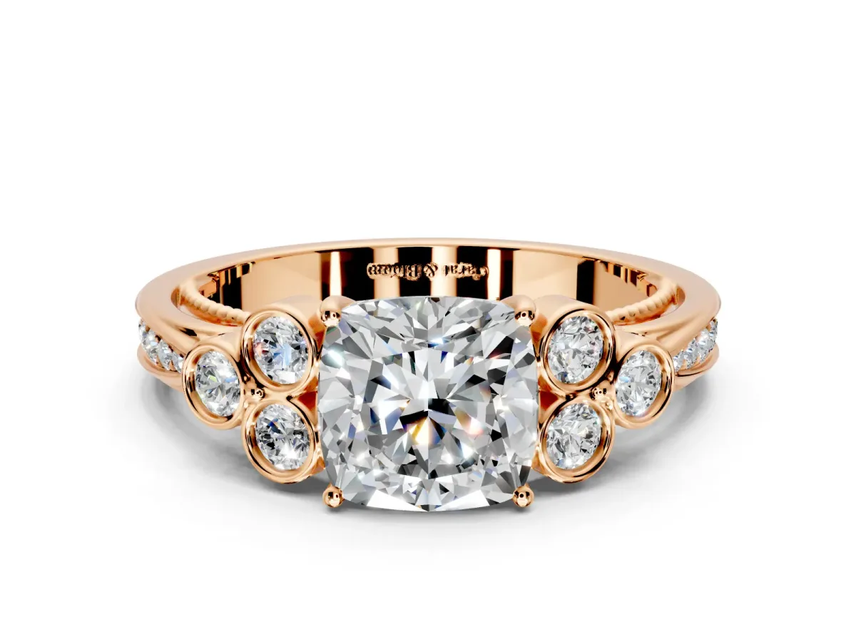 Cluster Engagement Ring Setting for Cushion Cut Center with Bezel Accent Clusters and Prong Head in Rose Gold