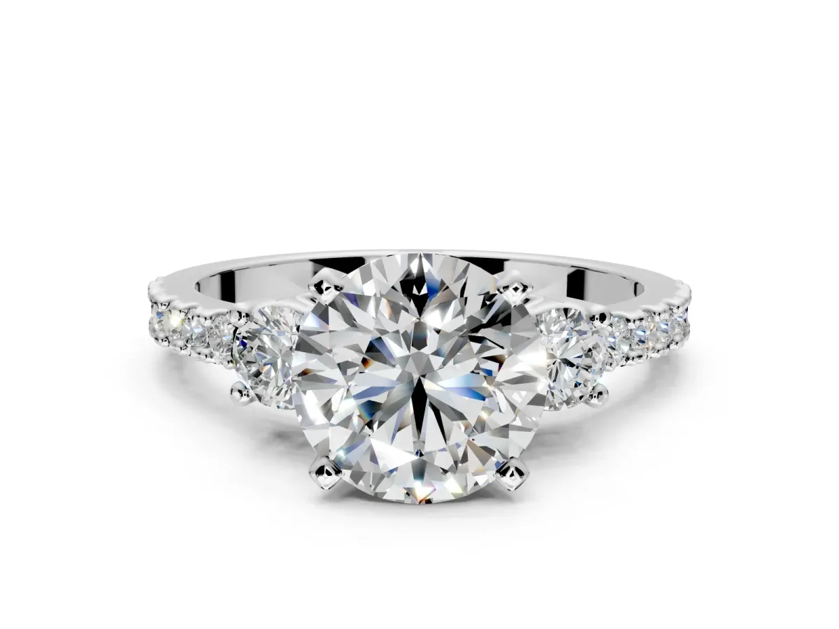 3 Stone Engagement Ring Setting for Round Cut Center with Round Cut Side Accents and Prong Head in Sterling Silver