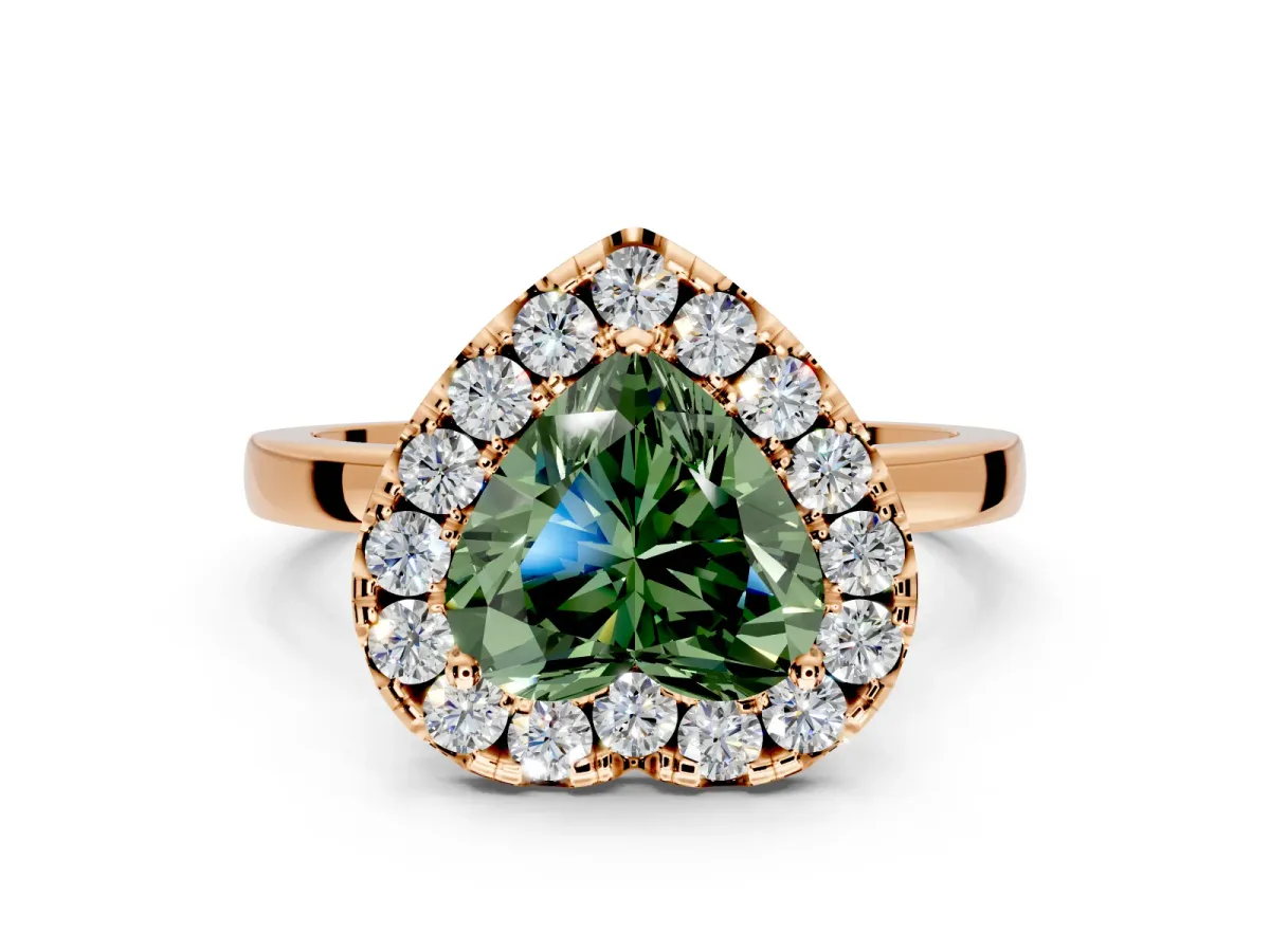 Halo Engagement Ring Setting for Fancy Green Heart-Shaped Center with Thin Plain Band and Prong Head in Rose Gold