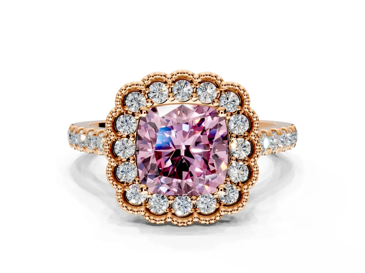 Milgrain Floral Halo Engagement Ring Setting for Fancy Pink Cushion Cut Center with Pave Band and Prong Head in Rose Gold