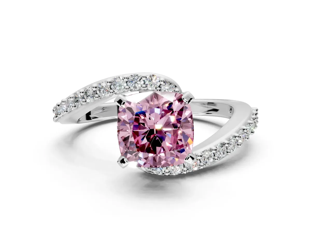 Solitaire Engagement Ring Setting for Fancy Pink Cushion Cut Center with Pave Bypass Swirl Band and Prong Head in White Gold