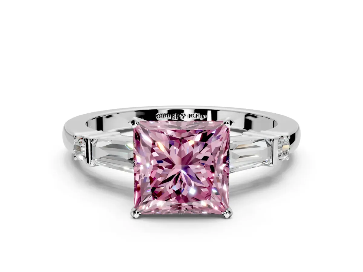 Bar-Set Engagement Ring Setting for Fancy Pink Princess Cut Center with Tapered Baguette Accents and Prong Head in White Gold