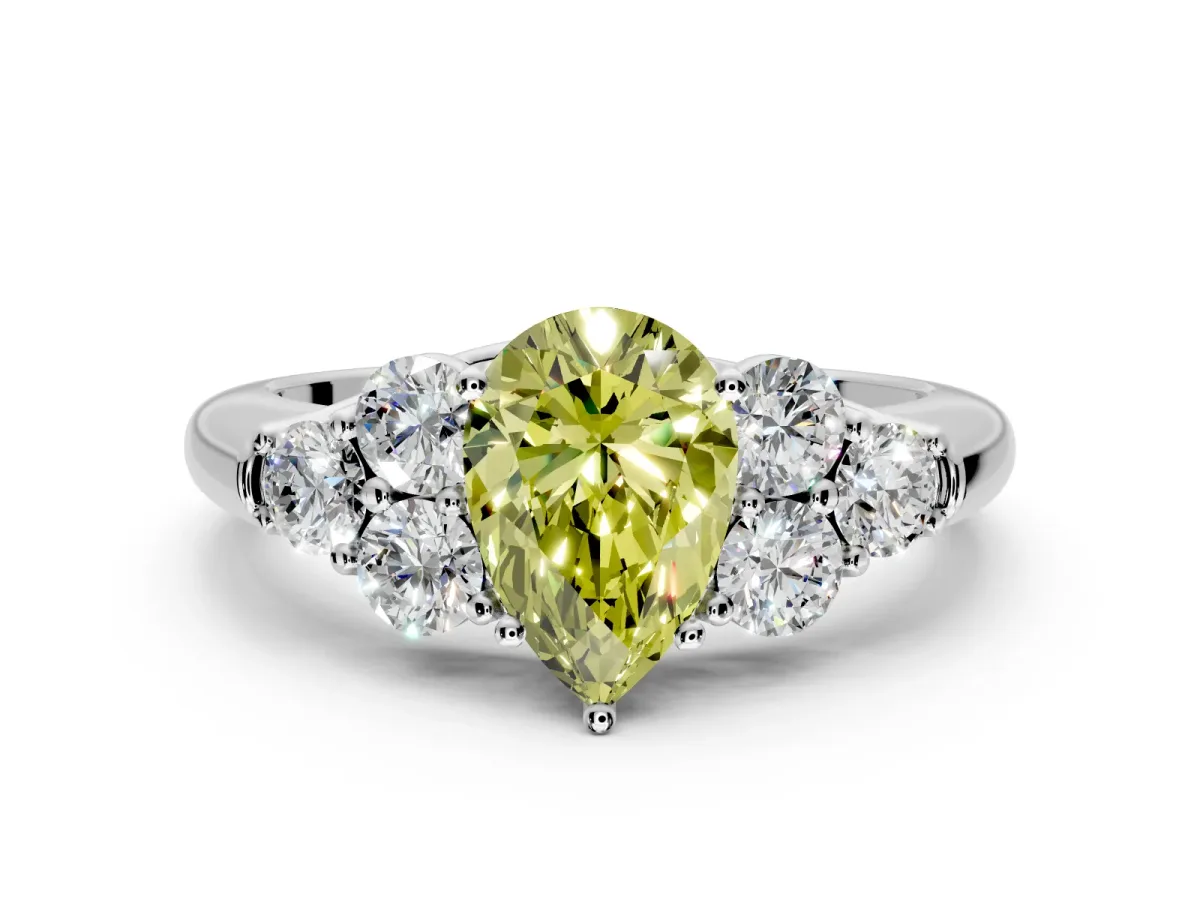 Cluster Engagement Ring Setting for Fancy Yellow Pear-Shaped Center with Round Cut Accent Frame and Prong Head in Sterling Silver