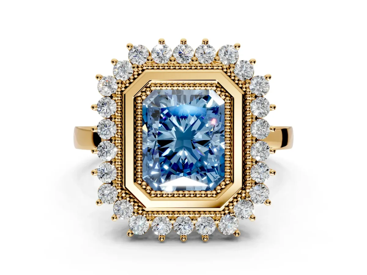Halo Engagement Ring Setting for Fancy Blue Radiant Cut Center with Milgrain Bezel Rim, Plain Band and Prong Head in Yellow Gold