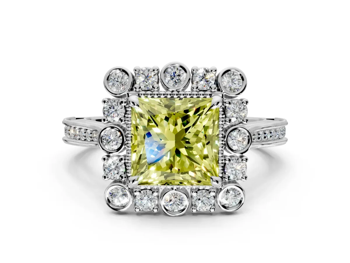 Milgrain Halo Engagement Ring Setting for Fancy Yellow Princess Cut Center with Bezel Point Accents and Prong Head in Platinum