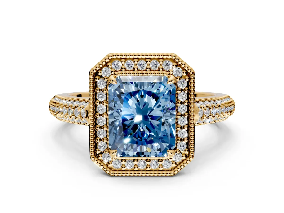 Milgrain Halo Engagement Ring Setting for Fancy Blue Radiant Cut Center with Three-Sided Pave Band and Prong Head in Yellow Gold