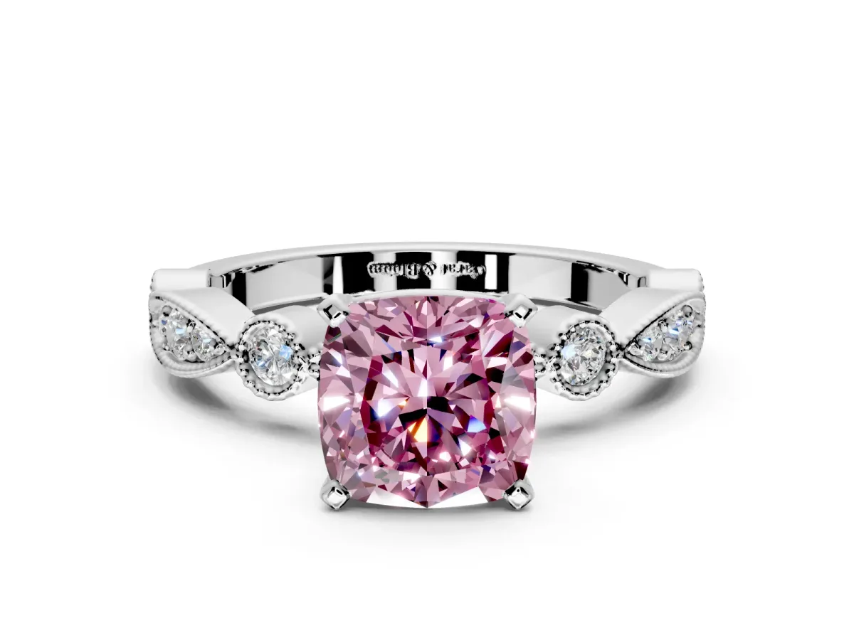 Solitaire Engagement Ring Setting for Fancy Pink Cushion Cut Center with Milgrain Bezel Accents and Prong Head in Platinum