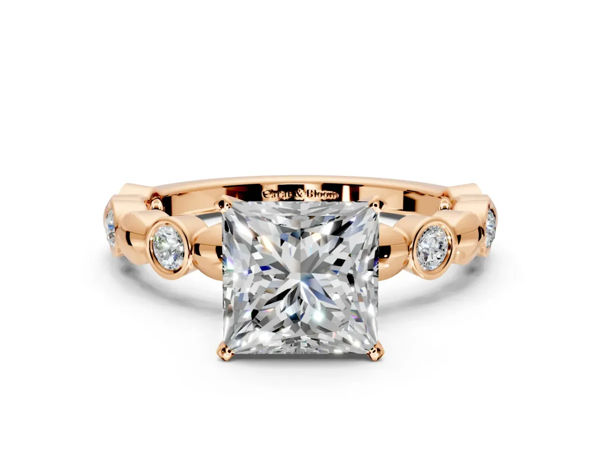 Solitaire Engagement Ring Setting for Princess Cut Center with Beaded Bezel Station Band and Prong Head in Rose Gold