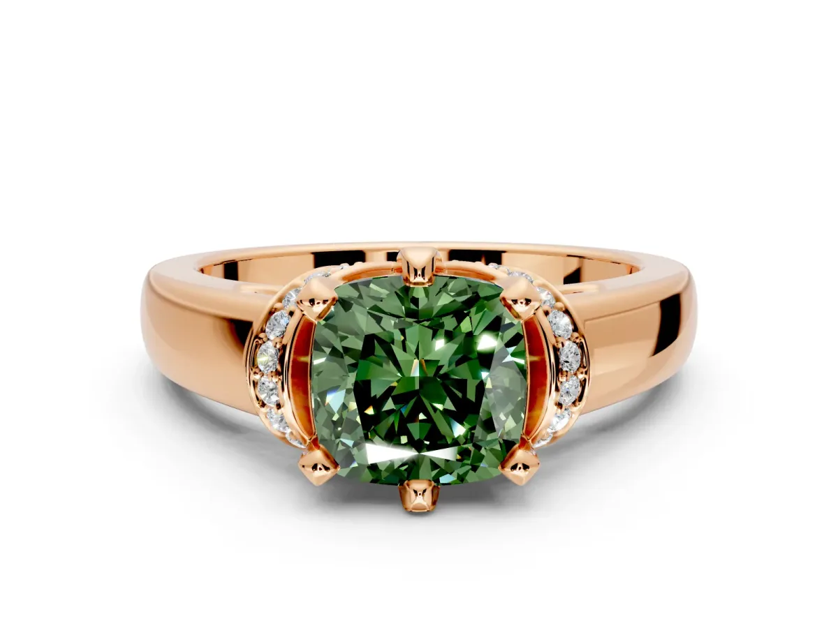 Solitaire Engagement Ring Setting for Fancy Green Cushion Cut Center with Wide Band, Pave Collar and Prong Head in Rose Gold