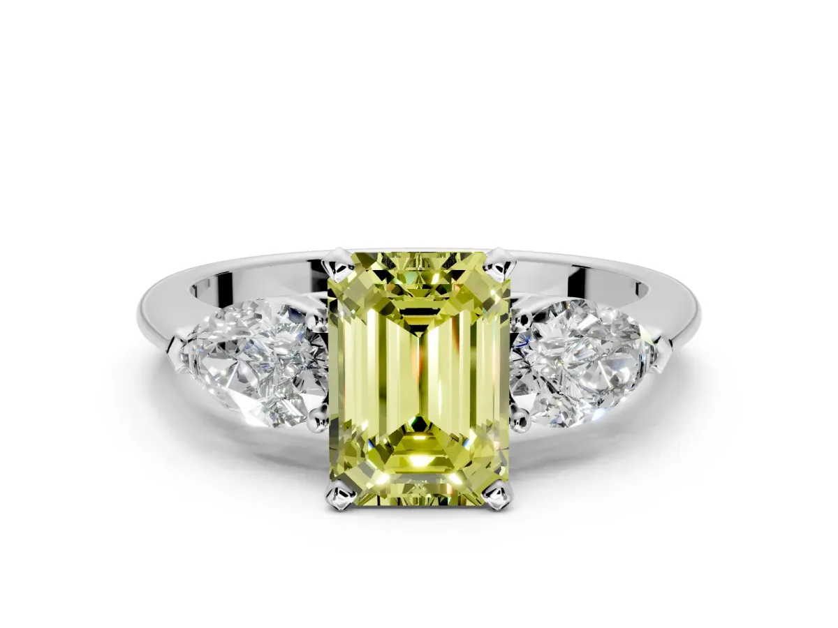 3 Stone Engagement Ring Setting for Fancy Yellow Emerald Cut Center with Large Pear-Shaped Accents and Prong Head in Platinum