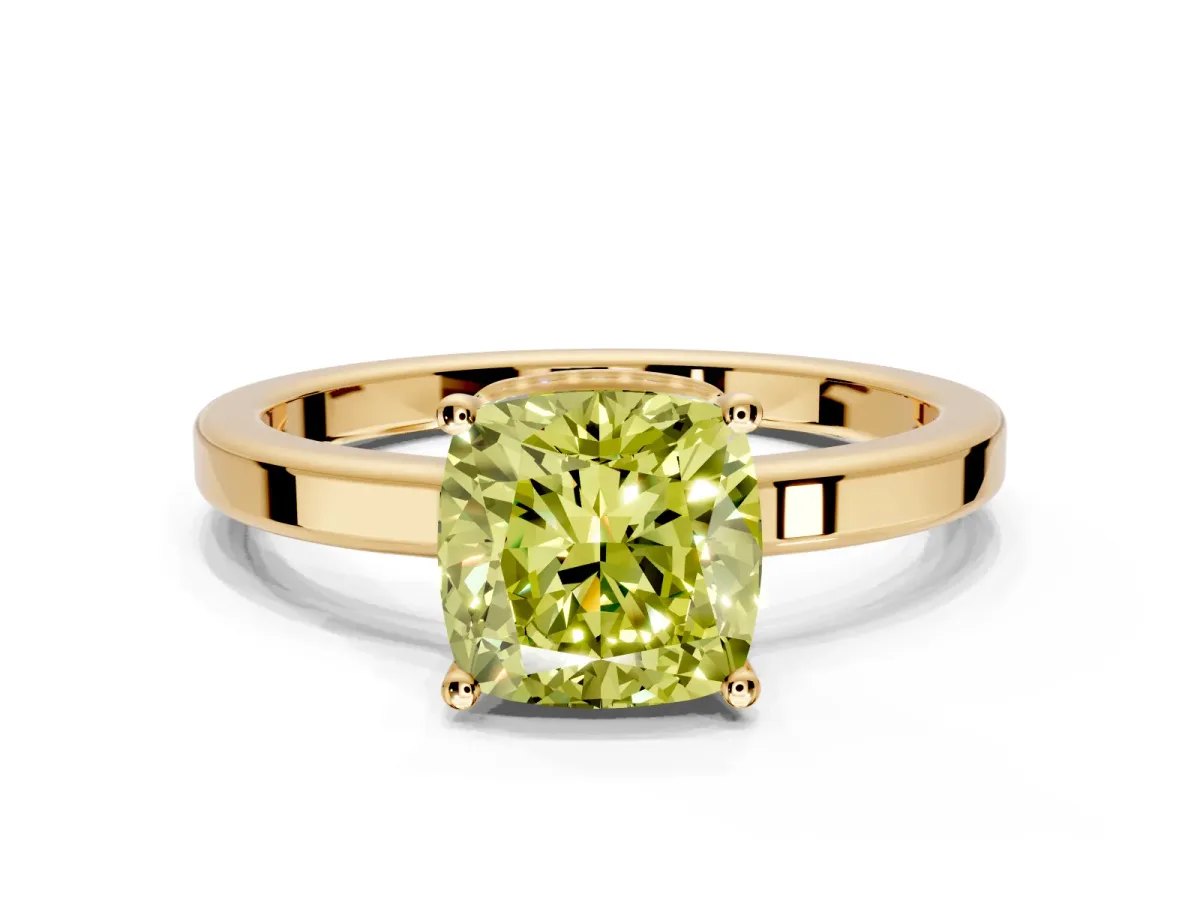 Hidden Halo Engagement Ring Setting for Fancy Yellow Cushion Cut Center with Wide Flat Plain Band and Prong Head in Yellow Gold