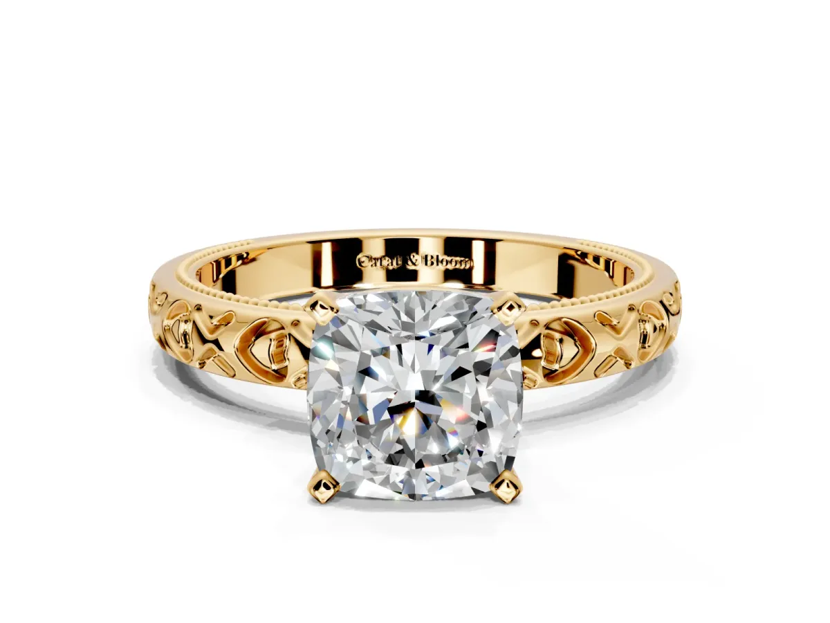 Solitaire Engagement Ring Setting for Cushion Cut Center with XO Engraved Band and Prong Head in Yellow Gold
