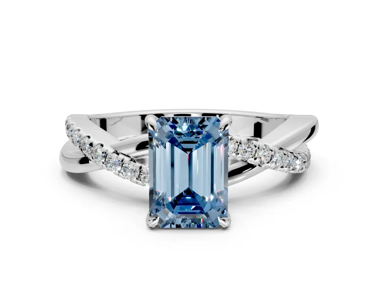 Crossover Engagement Ring Setting for Fancy Blue Emerald Cut Center with Pave and Plain Strands and Prong Head in Sterling Silver